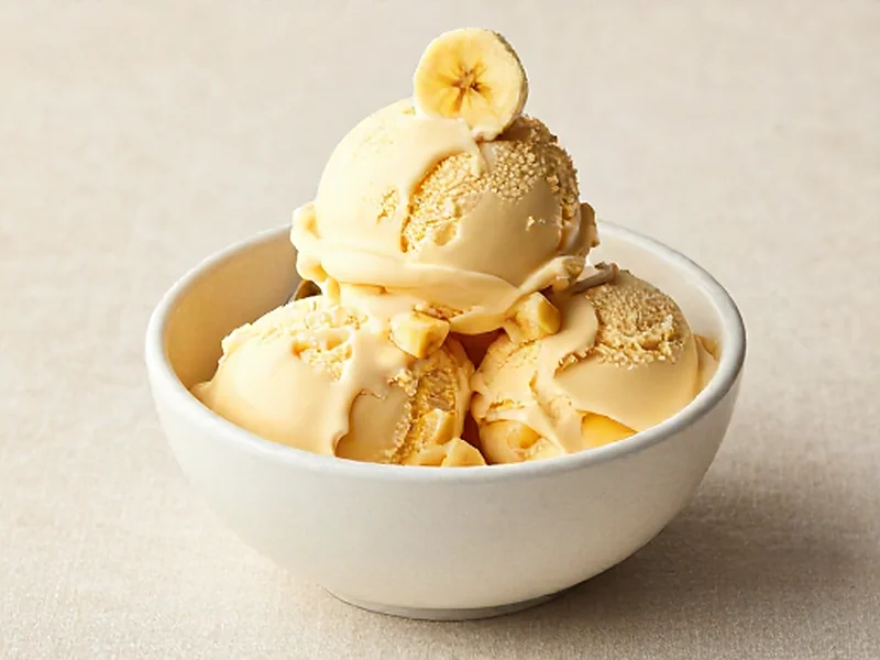 Banana Pudding protein ice cream served in a cream bowl