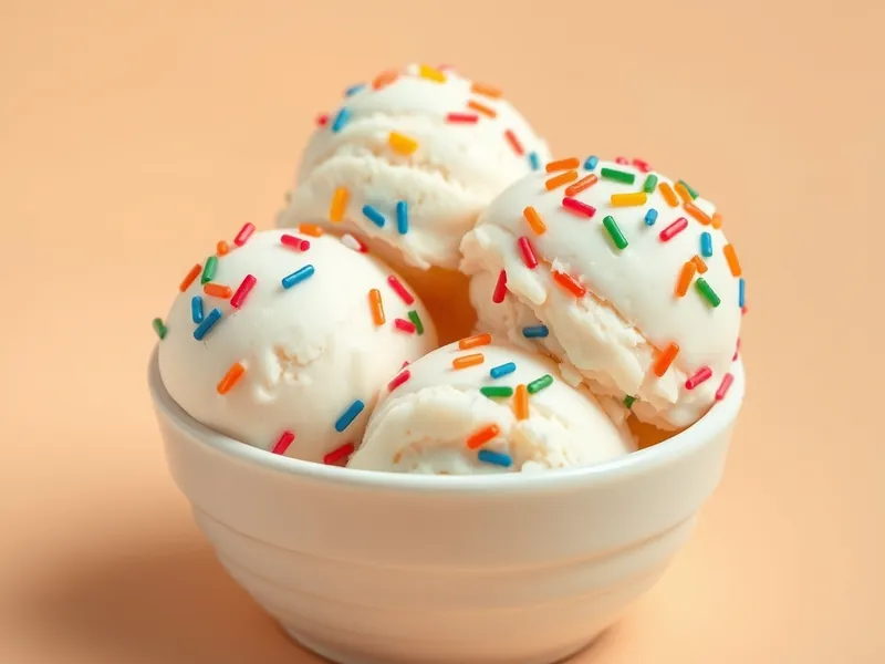 Birthday Cake protein ice cream served in a cream bowl