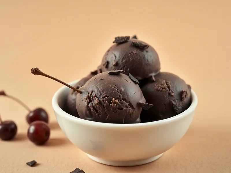 Black Forest protein ice cream served in a cream bowl