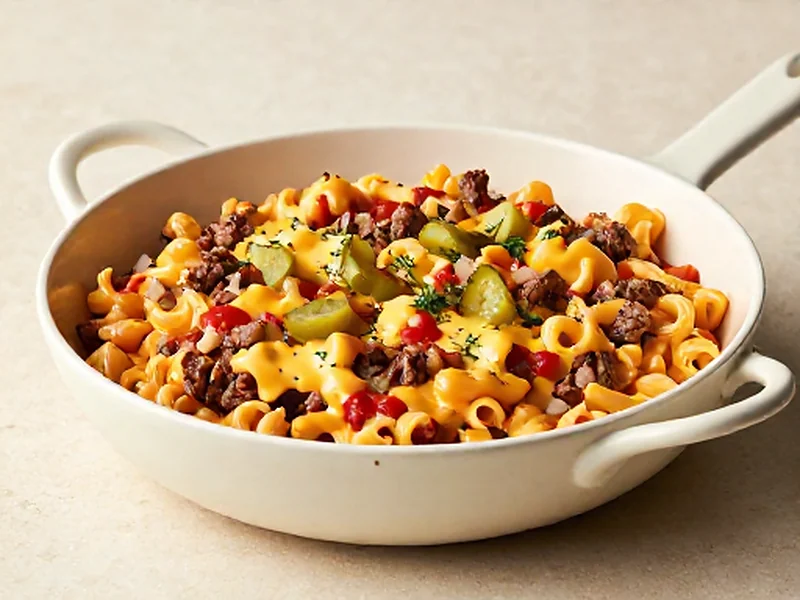 Cheeseburger Skillet Pasta finished and ready to serve