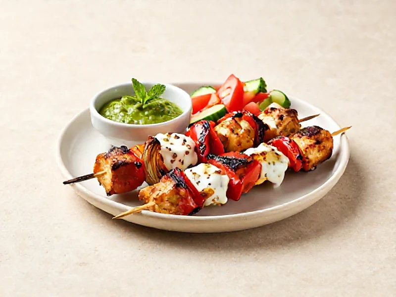 Chicken Tikka Skewers with Mint Chutney finished and ready to serve