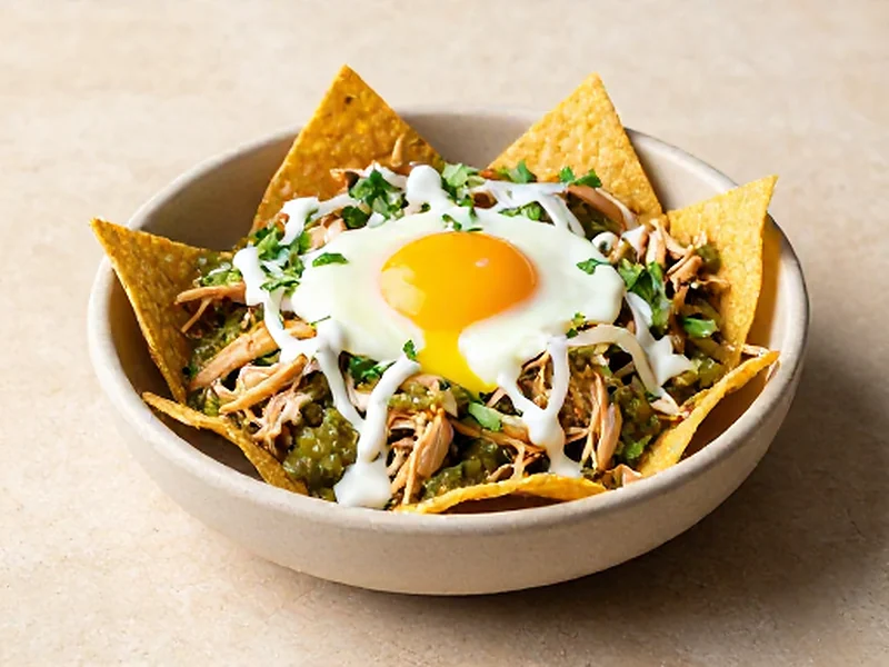 Chilaquiles Verdes with Shredded Chicken finished and ready to serve