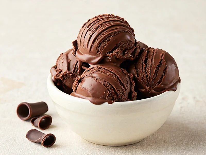 Chocolate Fudge protein ice cream served in a cream bowl