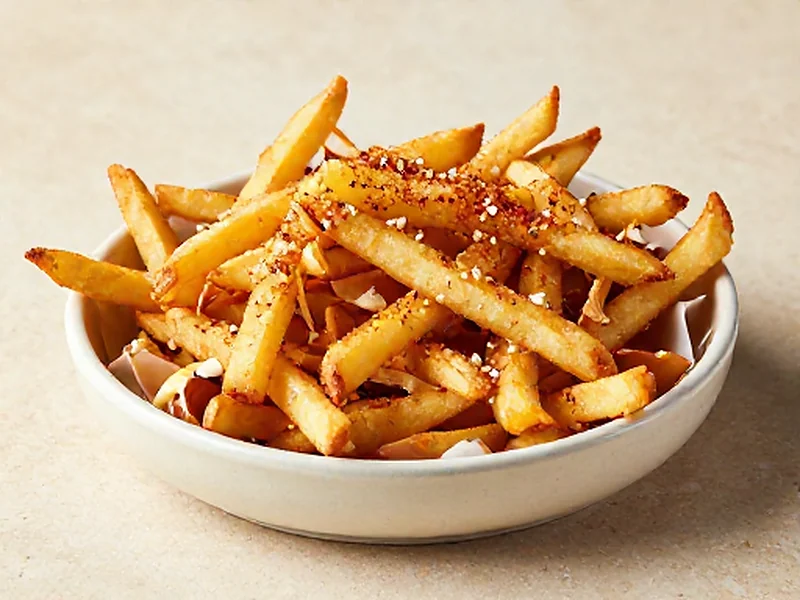 Crispy Garlic “Parm” Fries finished and ready to serve