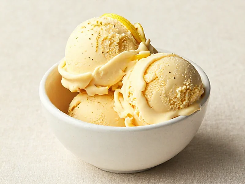 Lemon Cheesecake protein ice cream served in a cream bowl