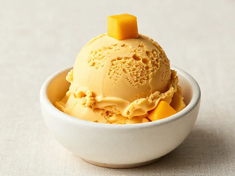 Mango protein ice cream served in a cream bowl