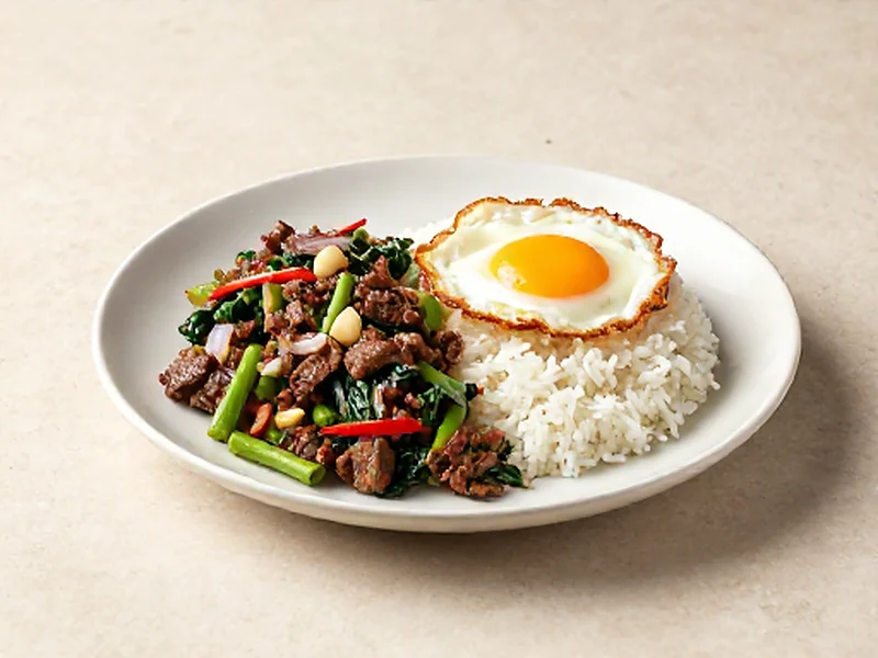 Pad Krapow (Thai Basil Beef) with Fried Egg finished and ready to serve