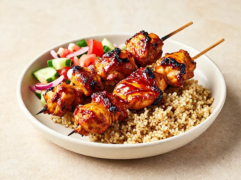 Silan-Harissa Chicken Skewers (Pargiyot-Style) finished and ready to serve