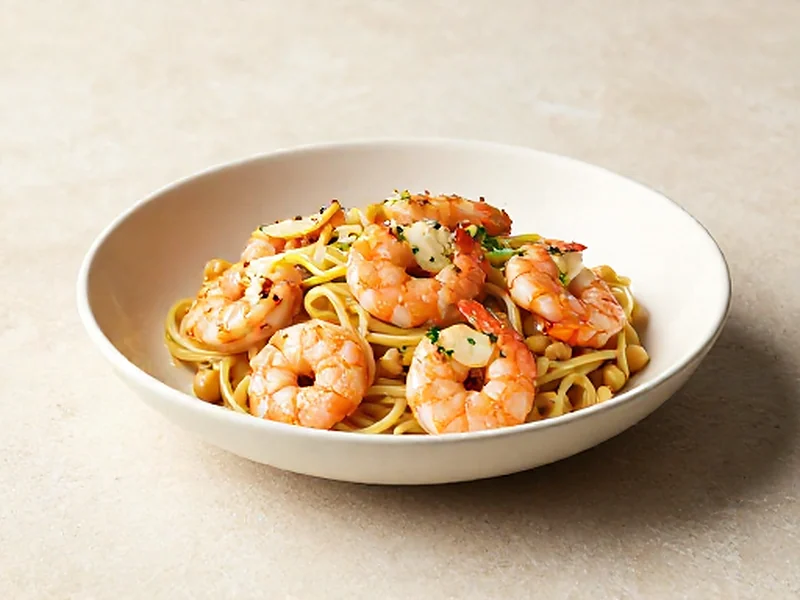 Shrimp Scampi with Chickpea Linguine finished and ready to serve